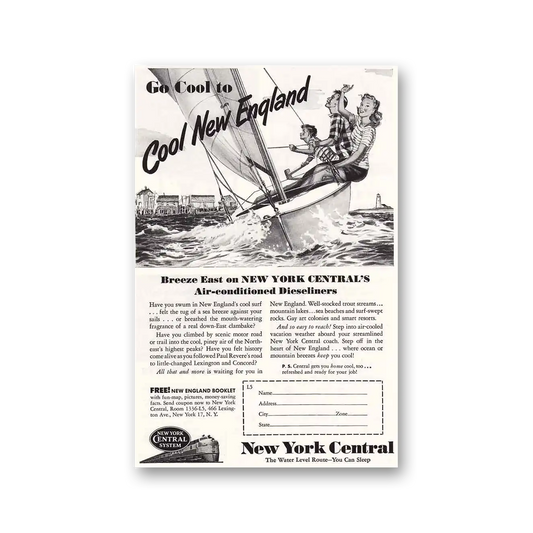 1951 New York Central Go Cool to Cool New England Sailboat Vintage Magazine Print Ad