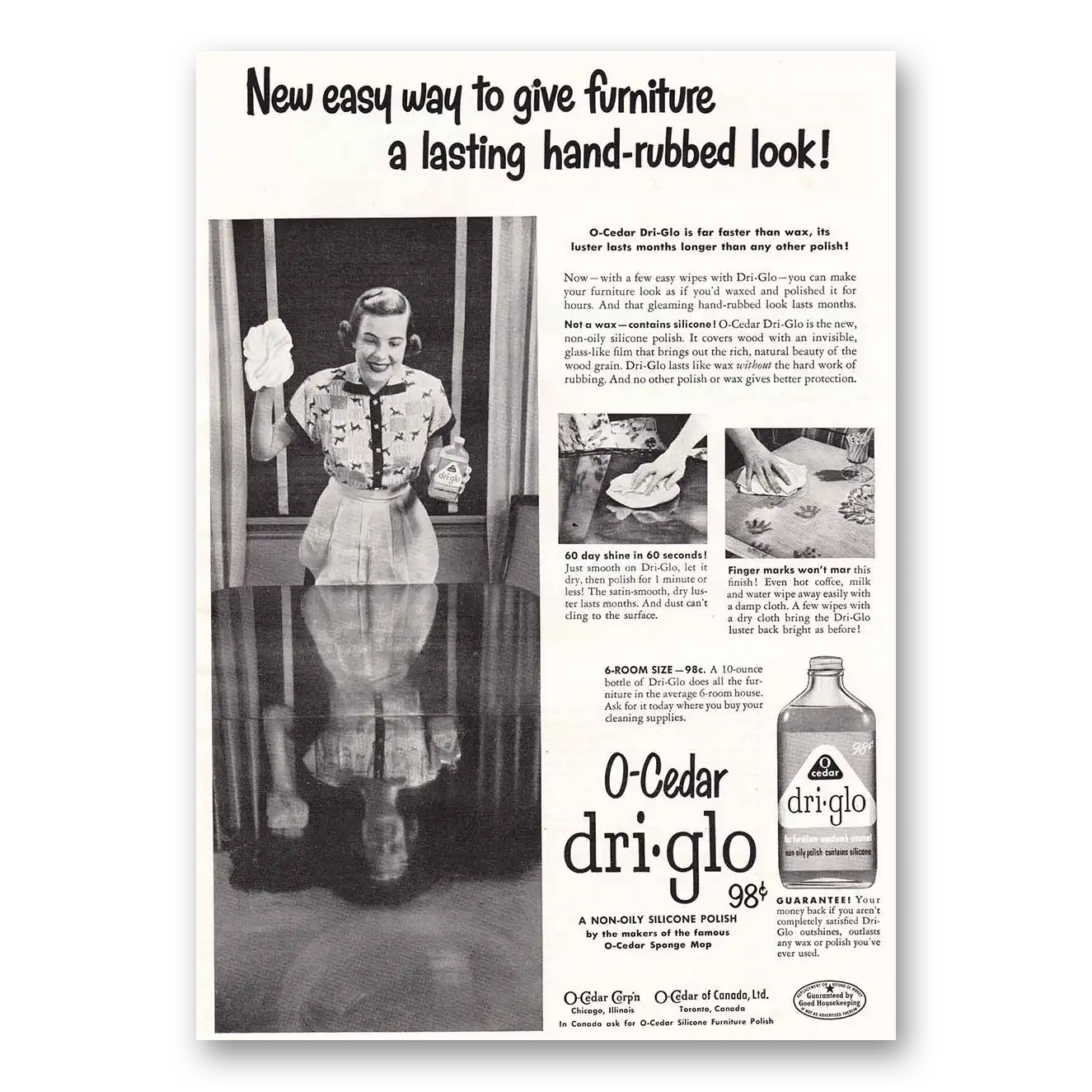 1951 O Cedar Dri Glo Furniture Polish Hand Rubbed Look Vintage Magazine Print Ad