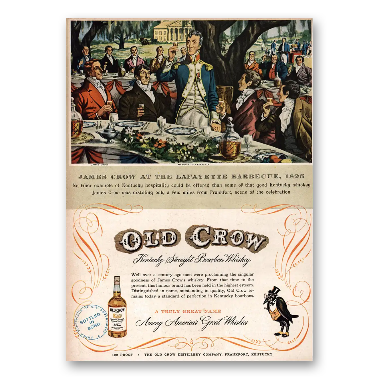 1951 Old Crow Whiskey Lafayette Barbecue 1825 Vintage Magazine Print Ad