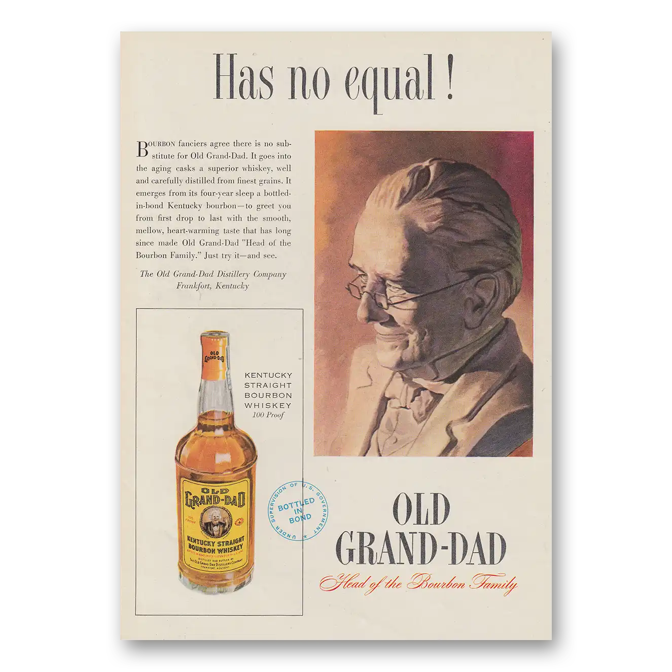 1951 Old Grand-Dad Bourbon Whiskey Has No Equal Vintage Magazine Print Ad