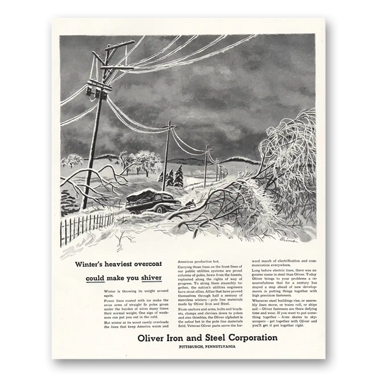 1951 Oliver Iron and Steel Winters Heaviest Overcoat Vintage Magazine Print Ad