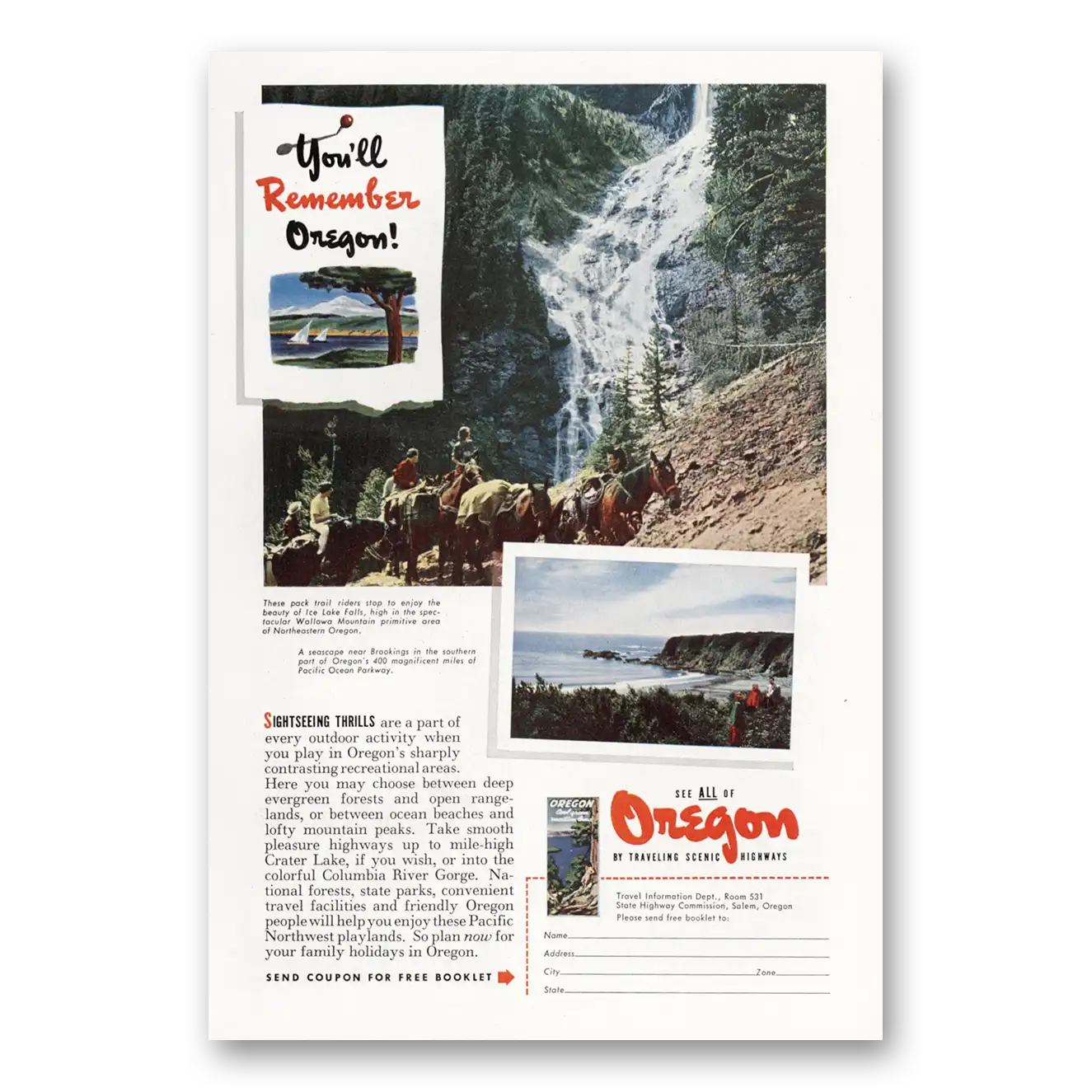 1951 Oregon Ice Lake Falls Vintage Magazine Print Ad