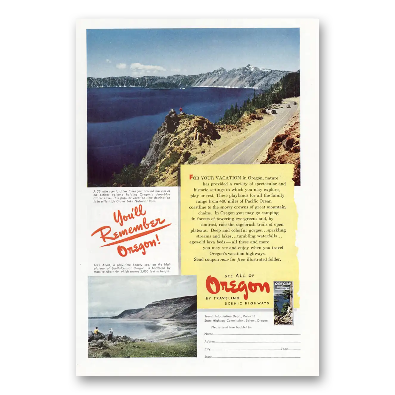 1951 Oregon Crater Lake Remember Vintage Magazine Print Ad