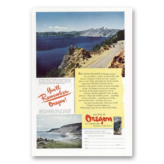 1951 Oregon Crater Lake Remember Vintage Magazine Print Ad