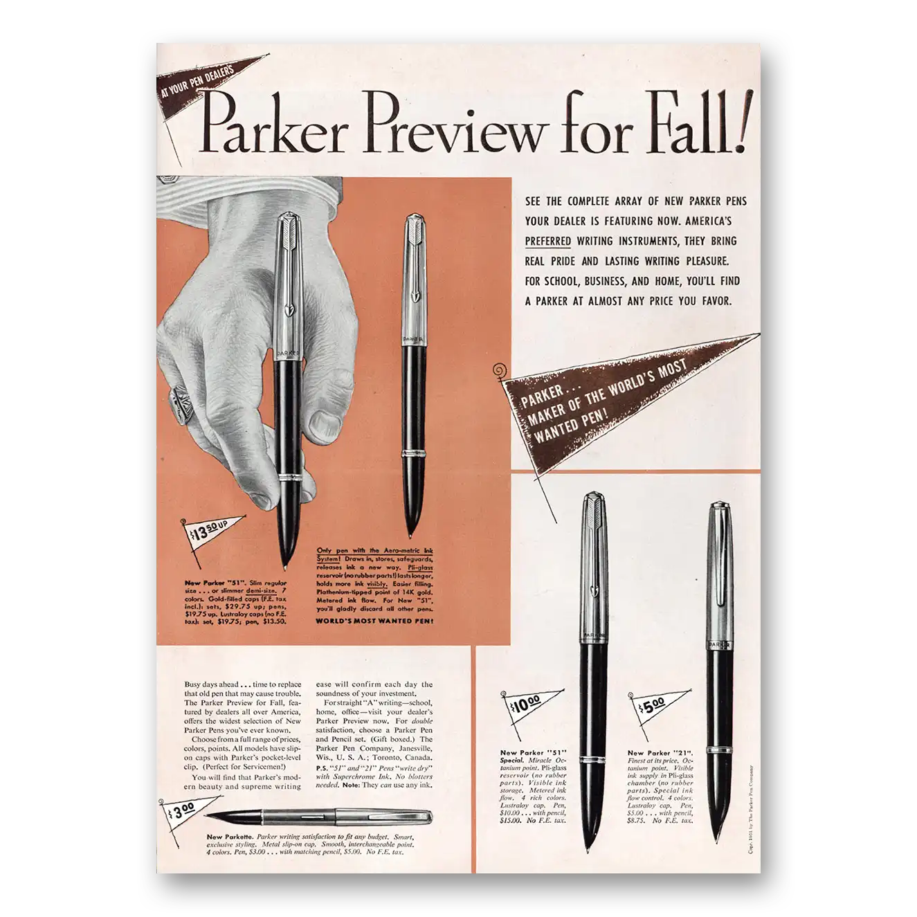 1951 Parker Pens Preview for Fall Vintage Magazine Print Ad