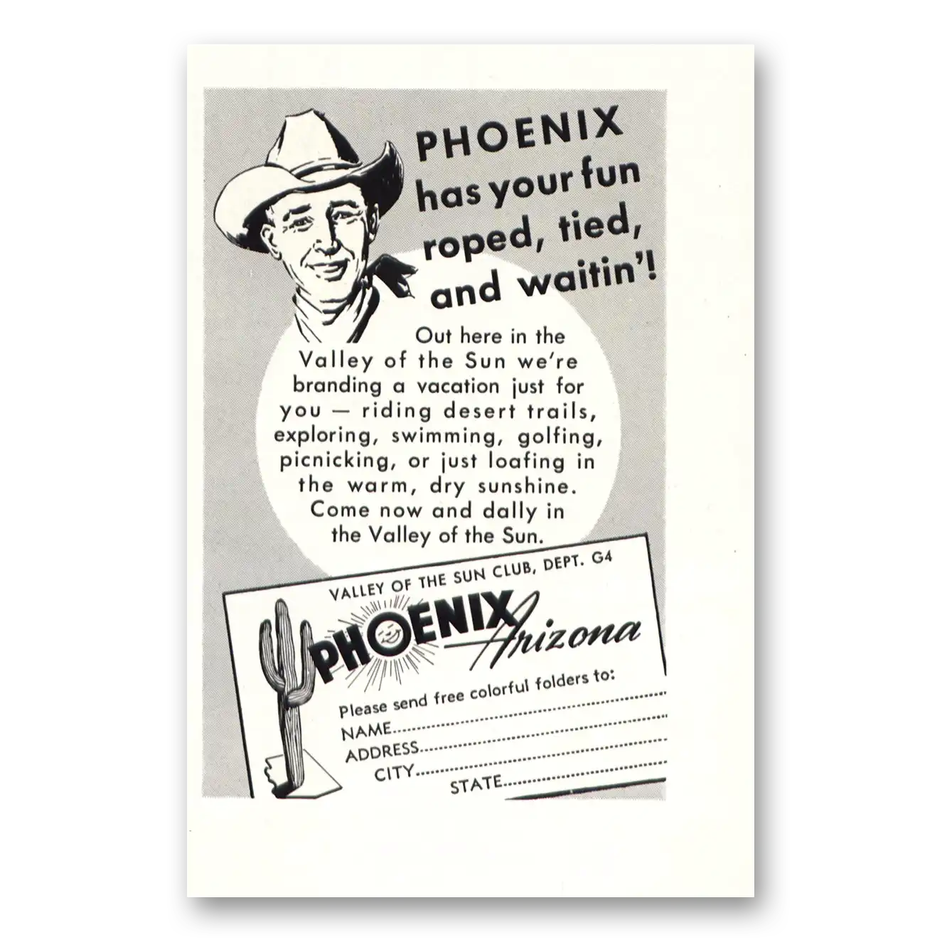 1951 Phoenix Arizona Has Your Fun Roped Tied and Waitin Vintage Magazine Print Ad