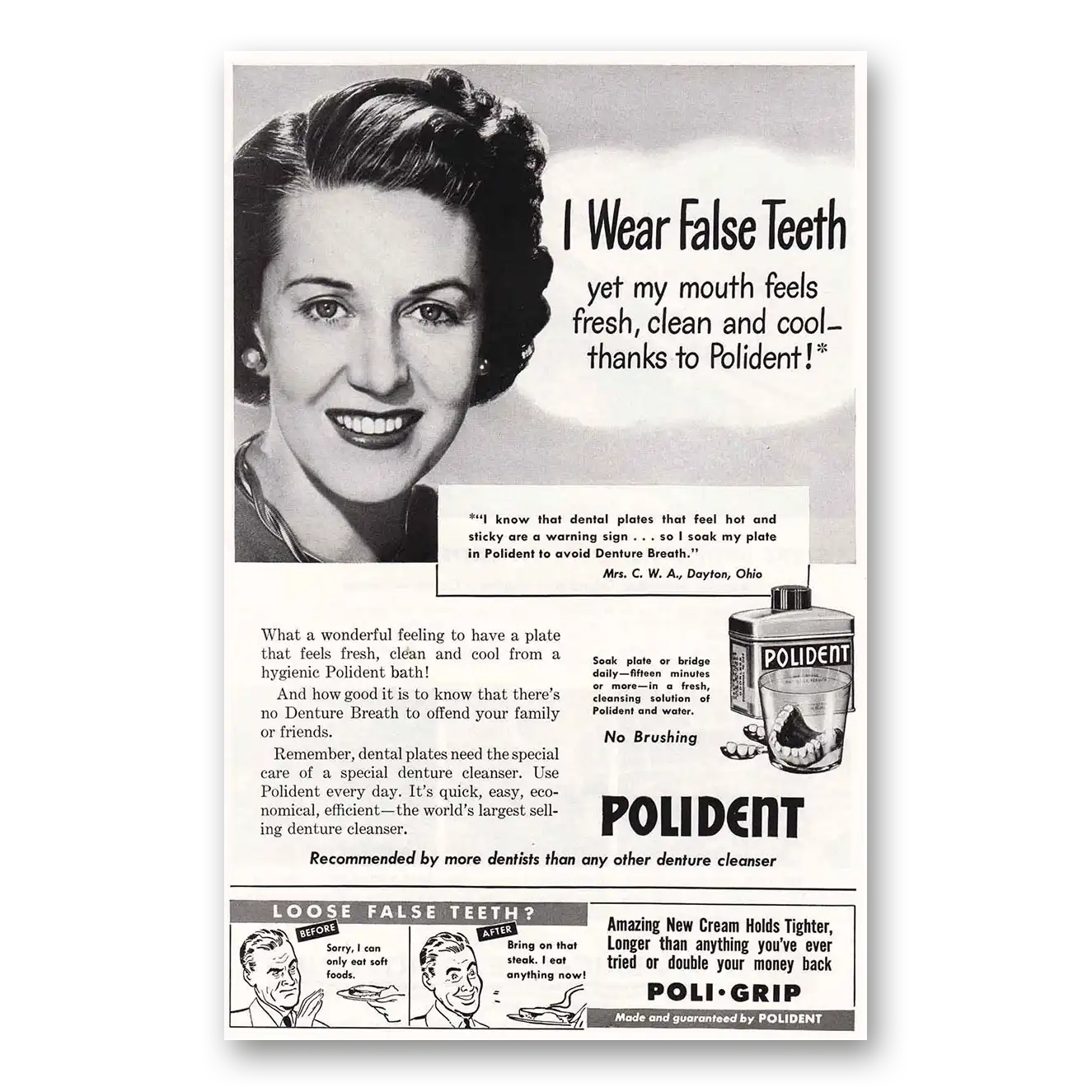 1951 Polident I Wear False Teeth Vintage Magazine Print Ad