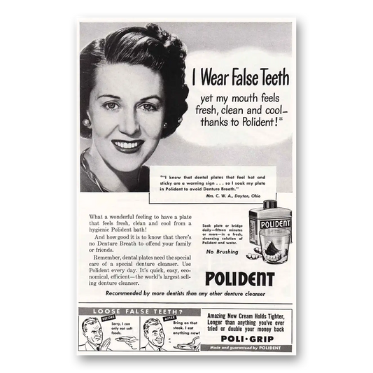 1951 Polident I Wear False Teeth Vintage Magazine Print Ad