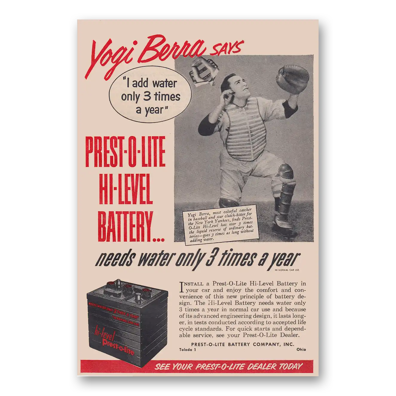 1951 Prest O Lite Car Battery Yogi Berra Vintage Magazine Print Ad