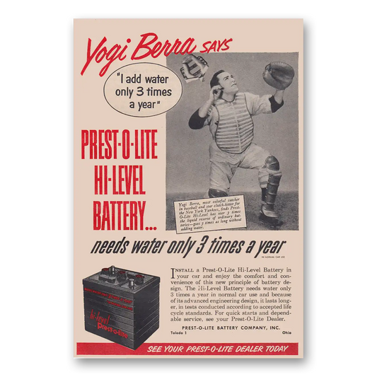 1951 Prest O Lite Car Battery Yogi Berra Vintage Magazine Print Ad