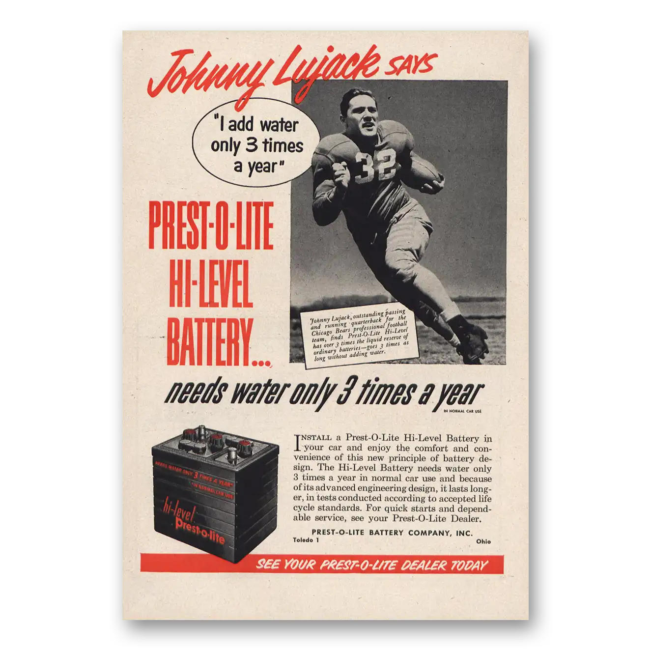 1951 Prest O Lite Battery Company Johnny Lujack Vintage Magazine Print Ad