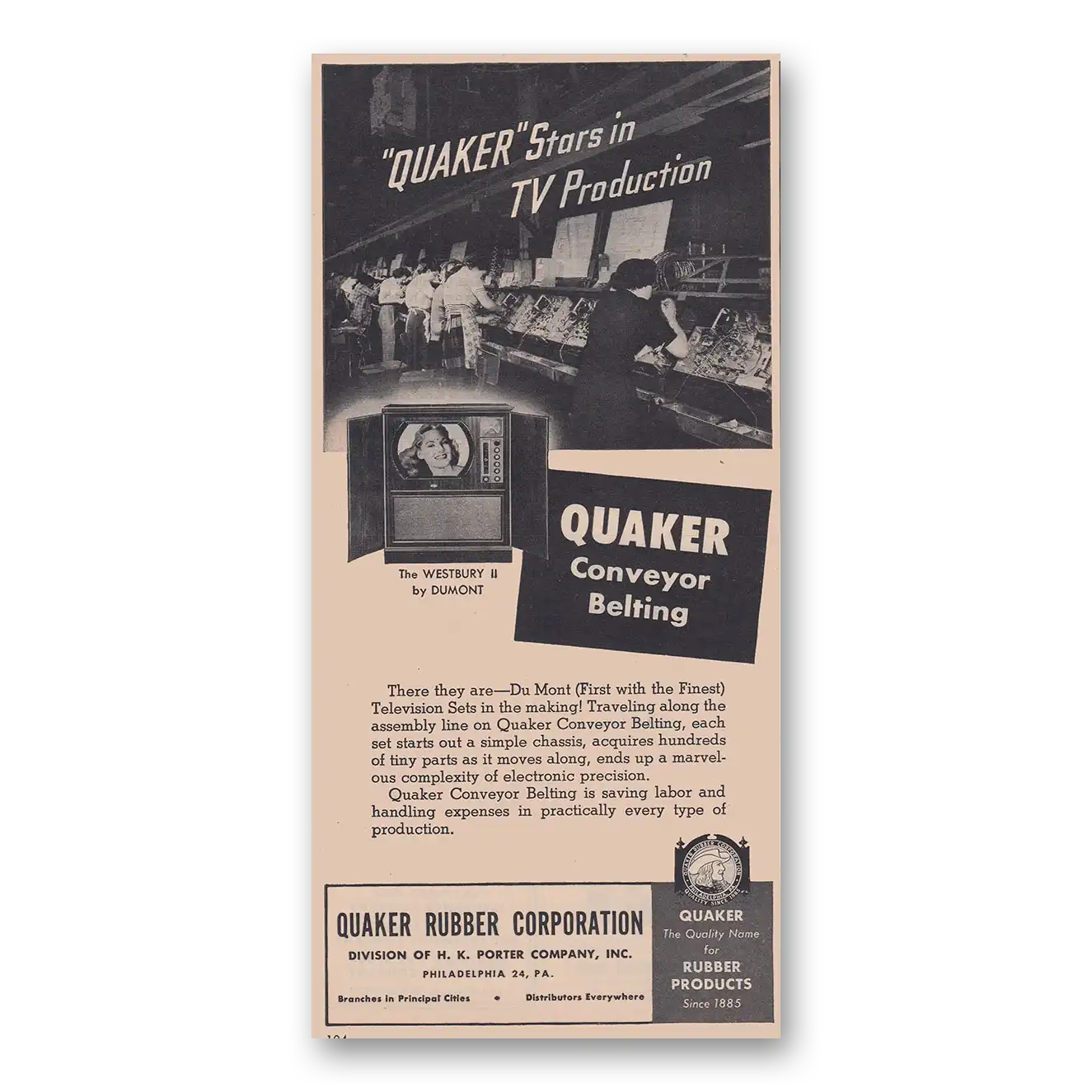 1951 Quaker Rubber Conveyor Belting Stars In TV Production Vintage Magazine Print Ad