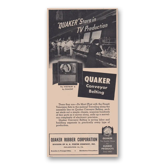 1951 Quaker Rubber Conveyor Belting Stars In TV Production Vintage Magazine Print Ad