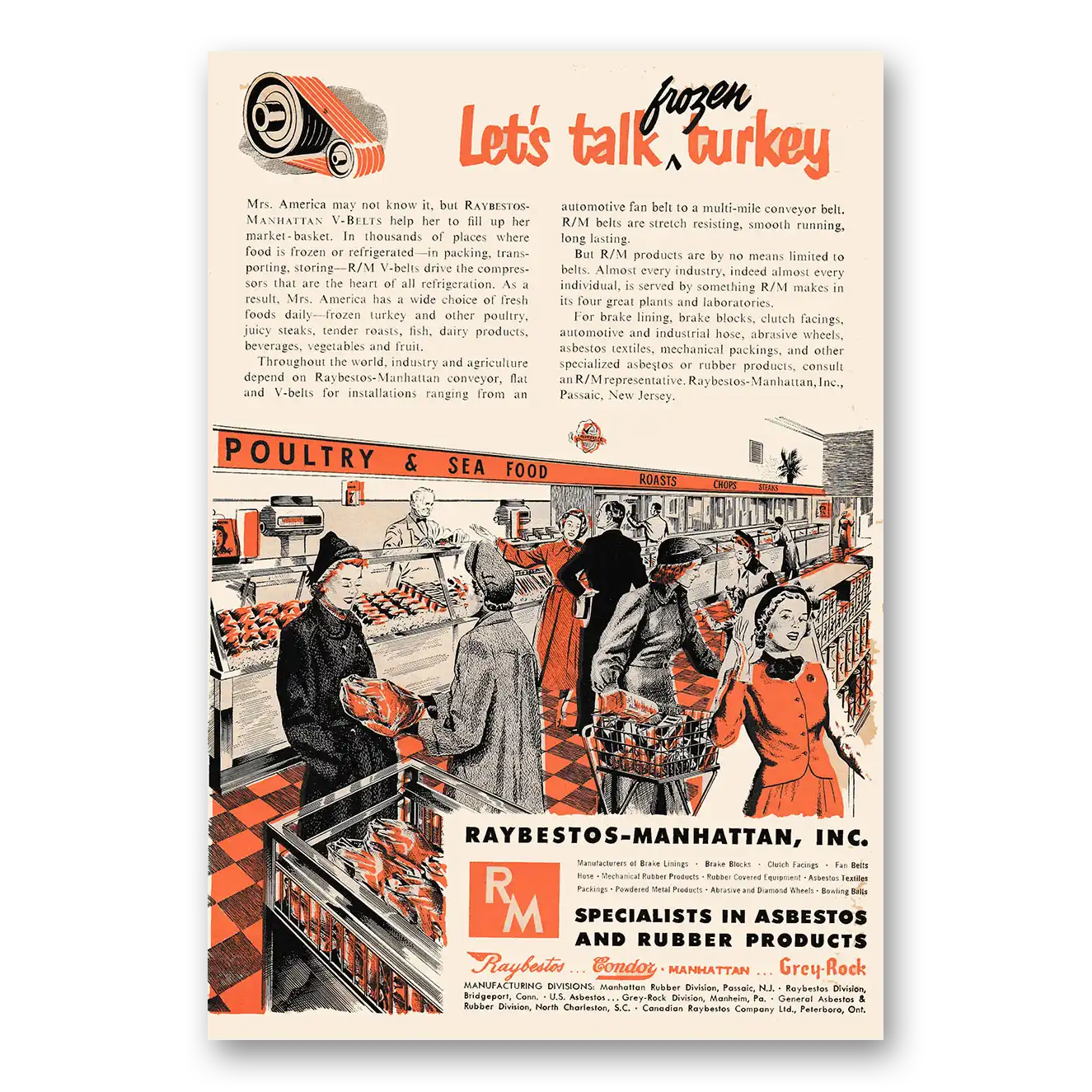 1951 Raybestos Manhattan Lets Talk Frozen Turkey Vintage Magazine Print Ad