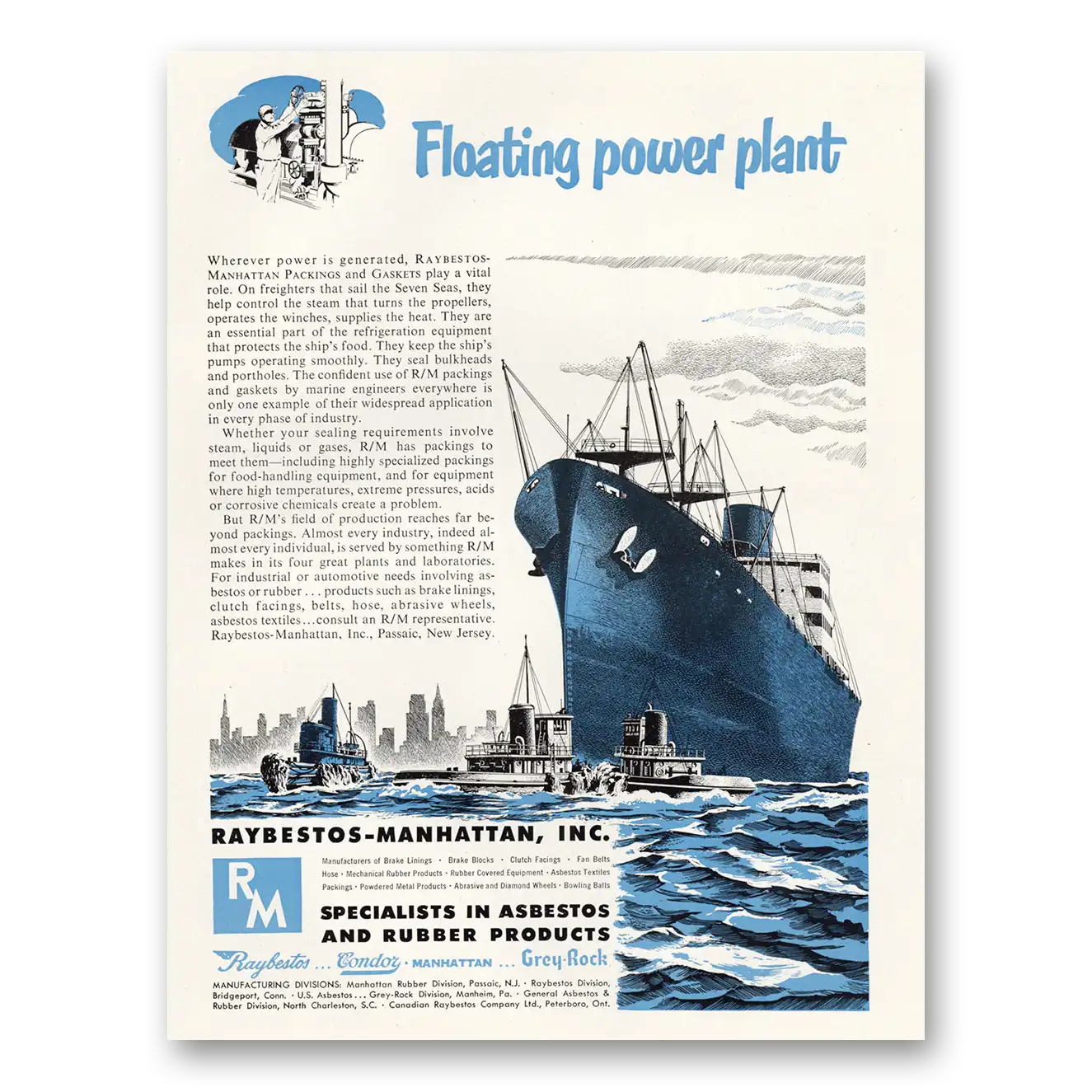 1951 Raybestos Manhattan Floating Power Plant Vintage Magazine Print Ad