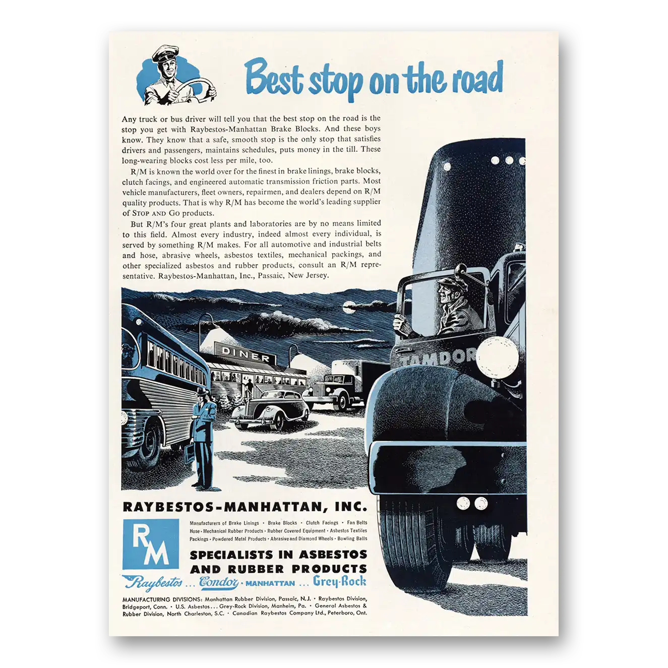 1951 Raybestos Manhattan Best Stop On the Road Vintage Magazine Print Ad