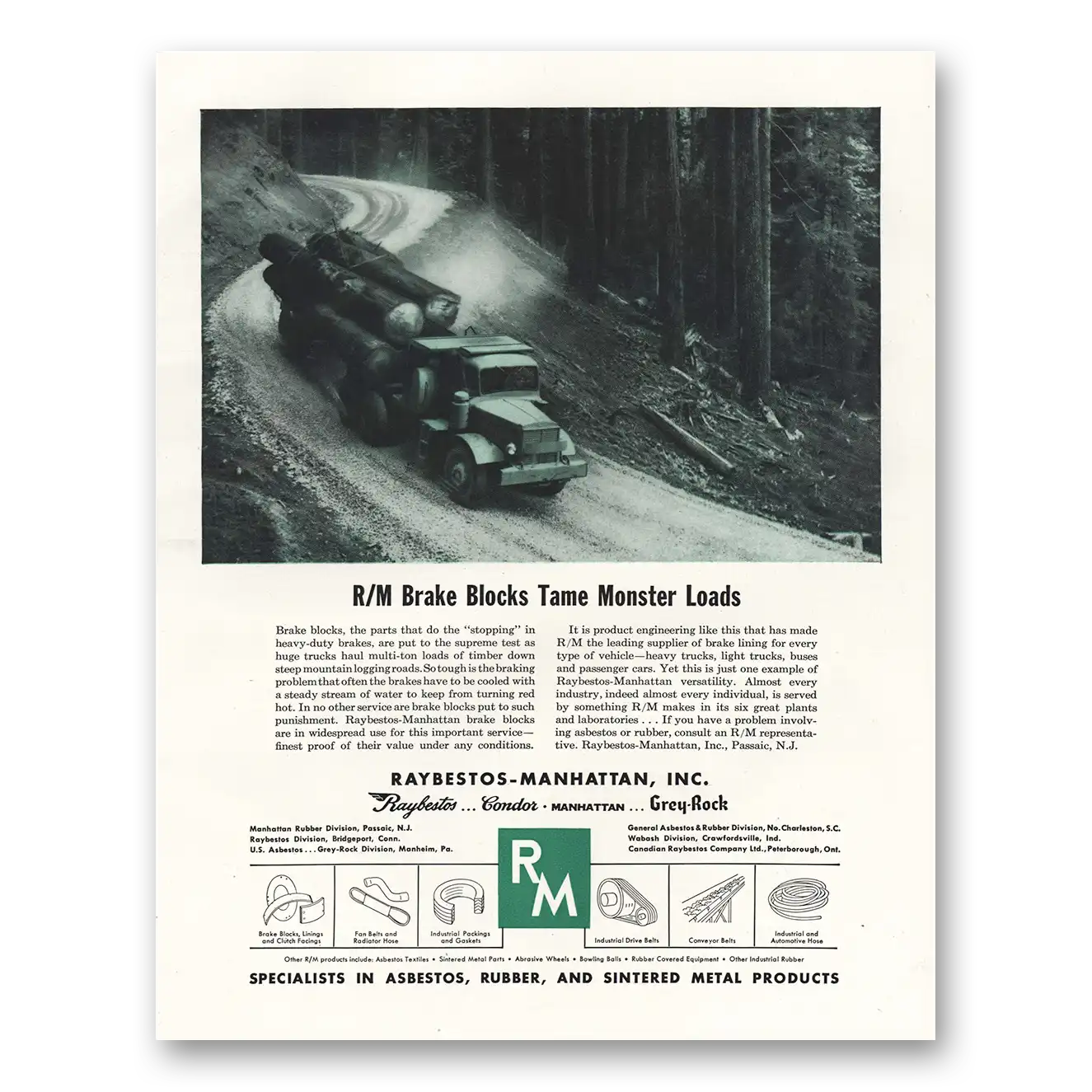 1951 Raybestos Manhattan Manhattan RM Brake Blocks Tame Monster Loads Vintage Magazine Print Ad