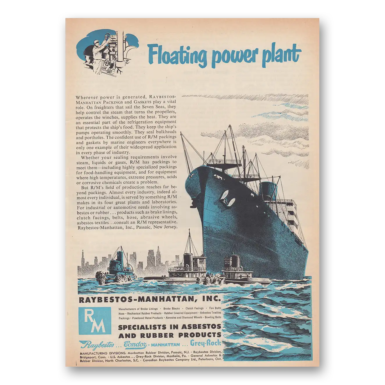 1951 Raybestos Manhattan Floating Power Plant Vintage Magazine Print Ad