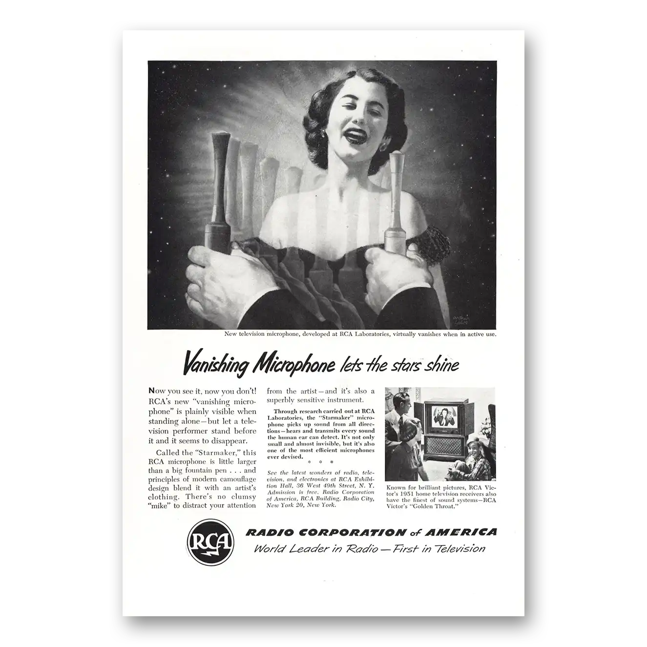 1951 RCA Television Vanishing Microphone Lets the Stars Shine Vintage Magazine Print Ad