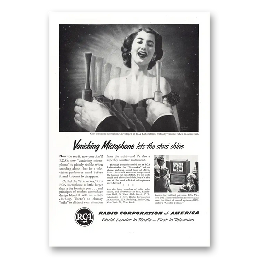 1951 RCA Television Vanishing Microphone Lets the Stars Shine Vintage Magazine Print Ad