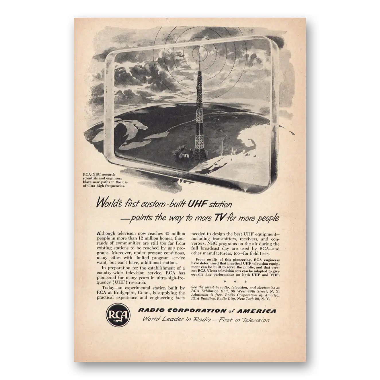 1951 RCA Television Worlds First Custom Built UHF Station Vintage Magazine Print Ad