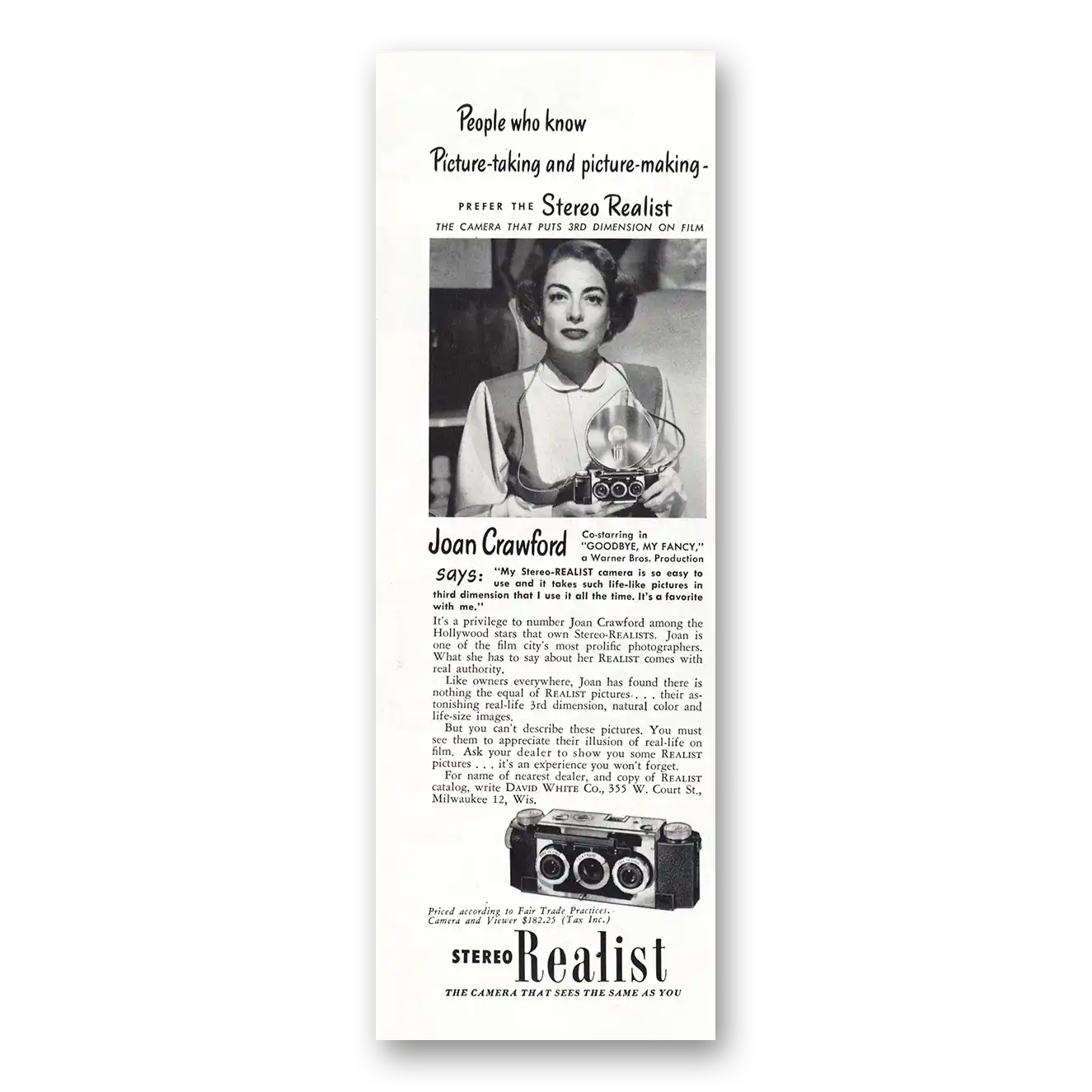 1951 Stereo Realist Camera Camera Joan Crawford Vintage Magazine Print Ad