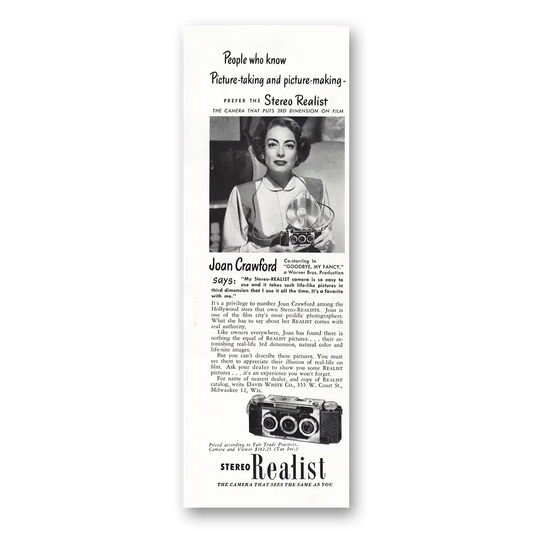 1951 Stereo Realist Camera Camera Joan Crawford Vintage Magazine Print Ad