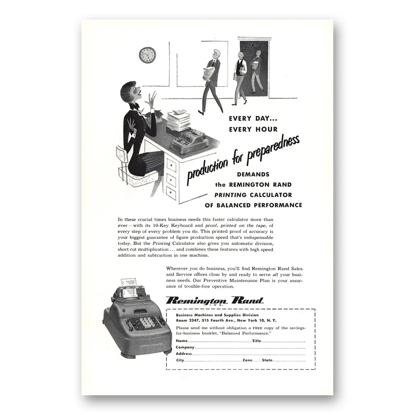 1951 Remington Rand Printing Calculator Production for Preparedness Vintage Magazine Print Ad