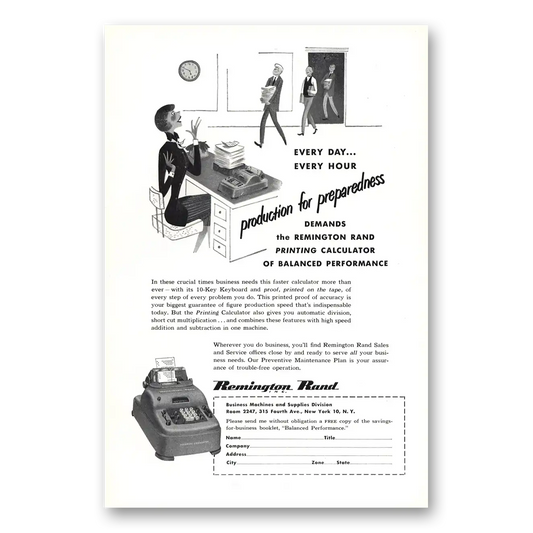 1951 Remington Rand Printing Calculator Production for Preparedness Vintage Magazine Print Ad