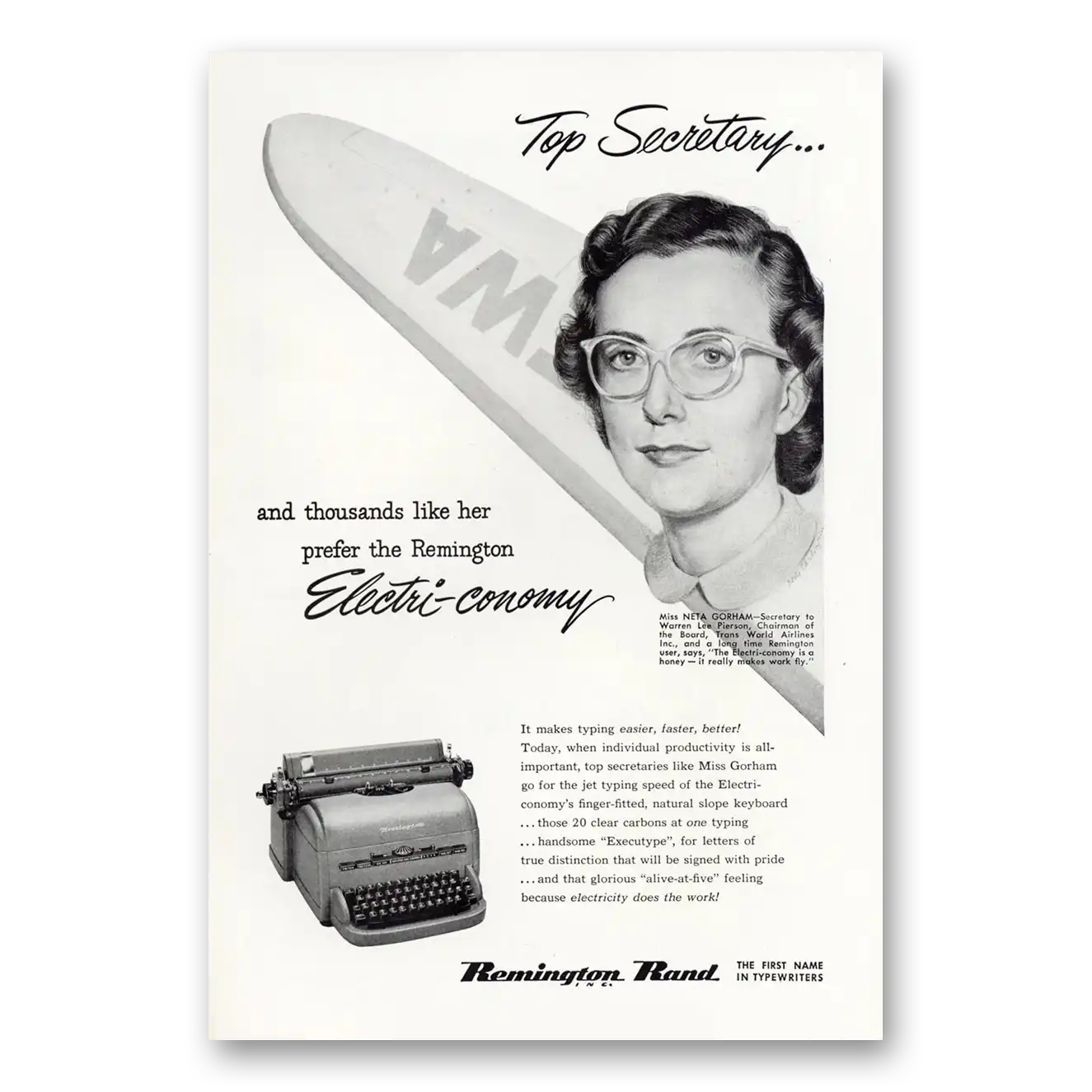 1951 Remington Typewriter Top Secretary Neta Gorham Vintage Magazine Print Ad