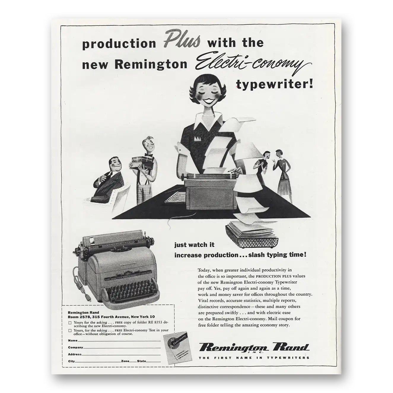 1951 Remington Typewriter Electriconomy Typewriter Vintage Magazine Print Ad