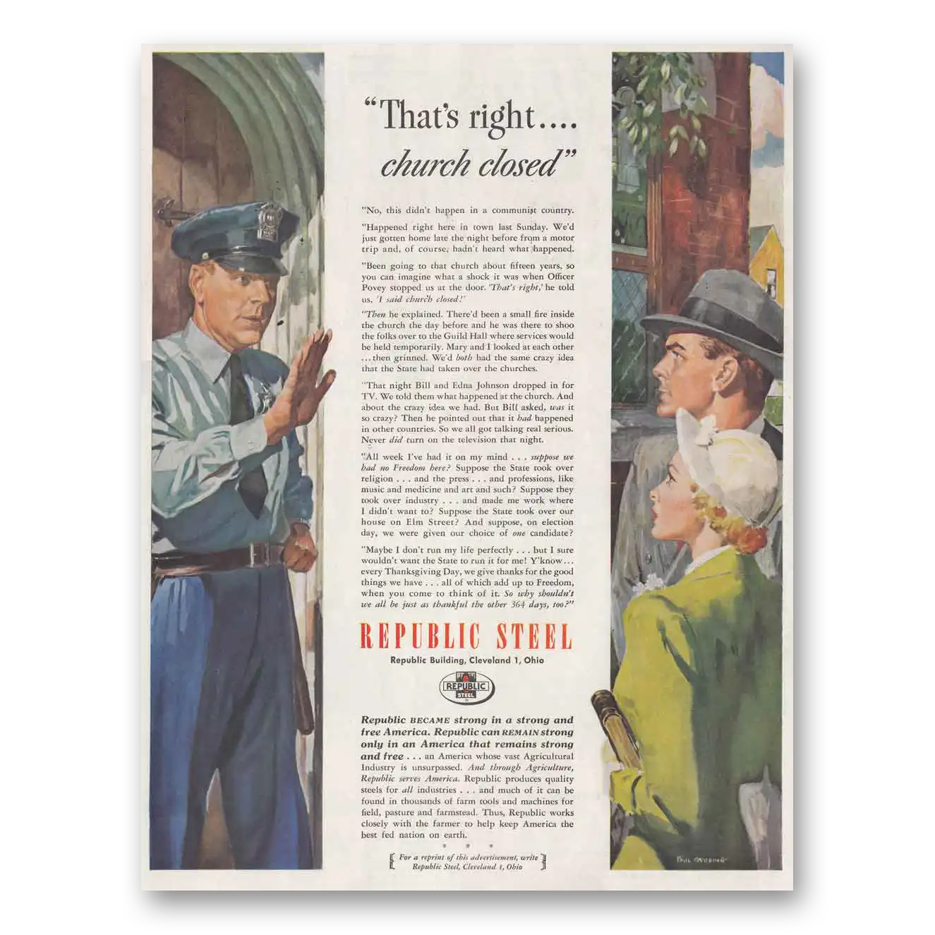 1951 Republic Steel Church Closed Vintage Magazine Print Ad