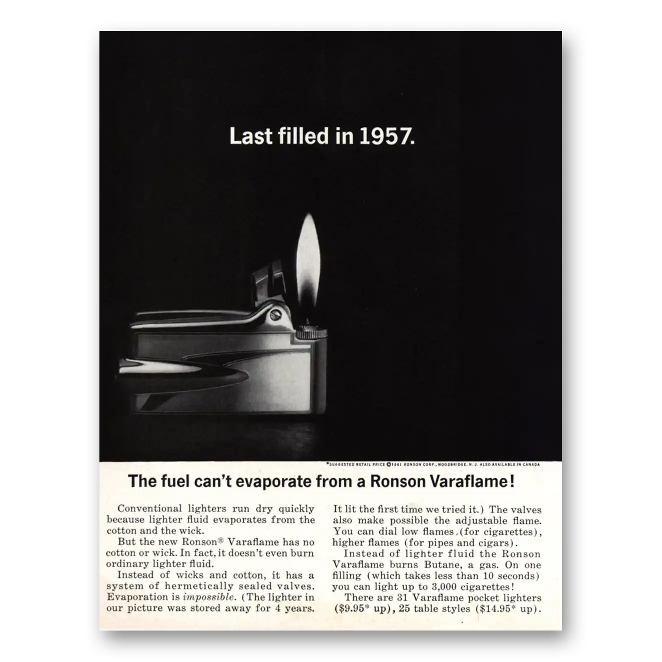 1961 Ronson Varaflame Lighters Last Filled In Vintage Magazine Print Ad