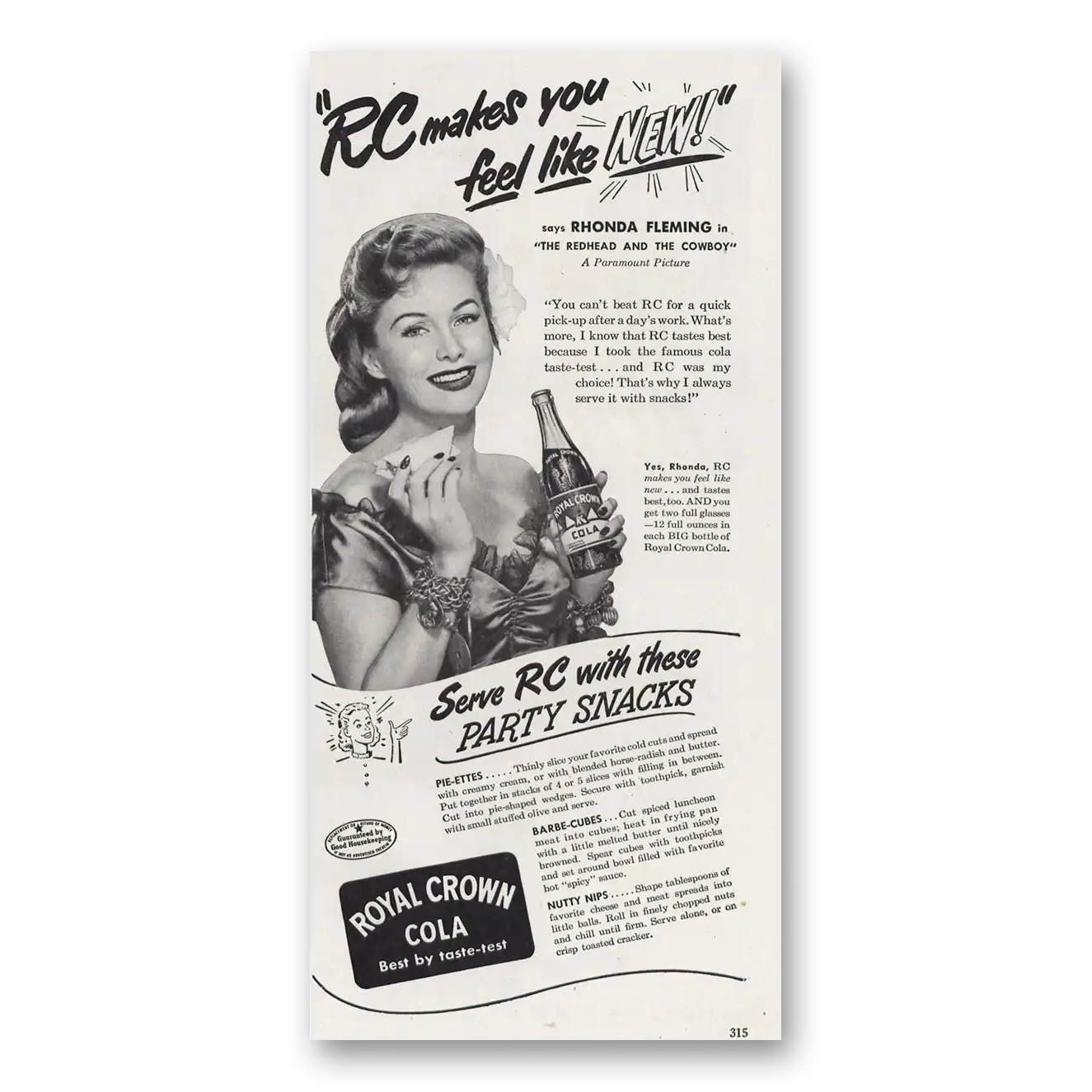 1951 Royal Crown Cola Rhonda Fleming Redhead and Cowboy Vintage Magazine Print Ad