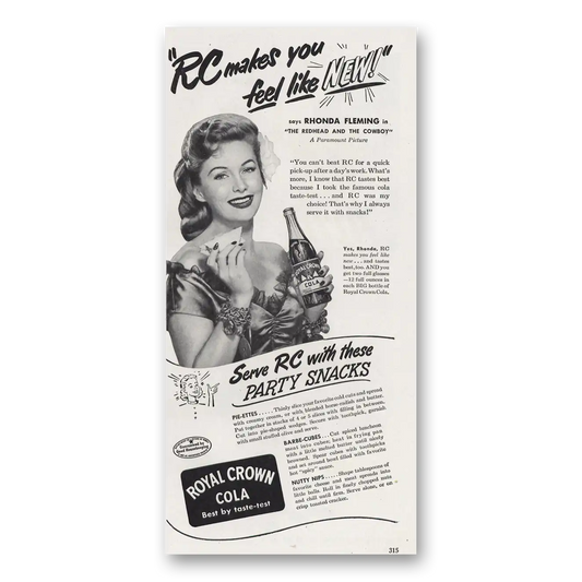 1951 Royal Crown Cola Rhonda Fleming Redhead and Cowboy Vintage Magazine Print Ad