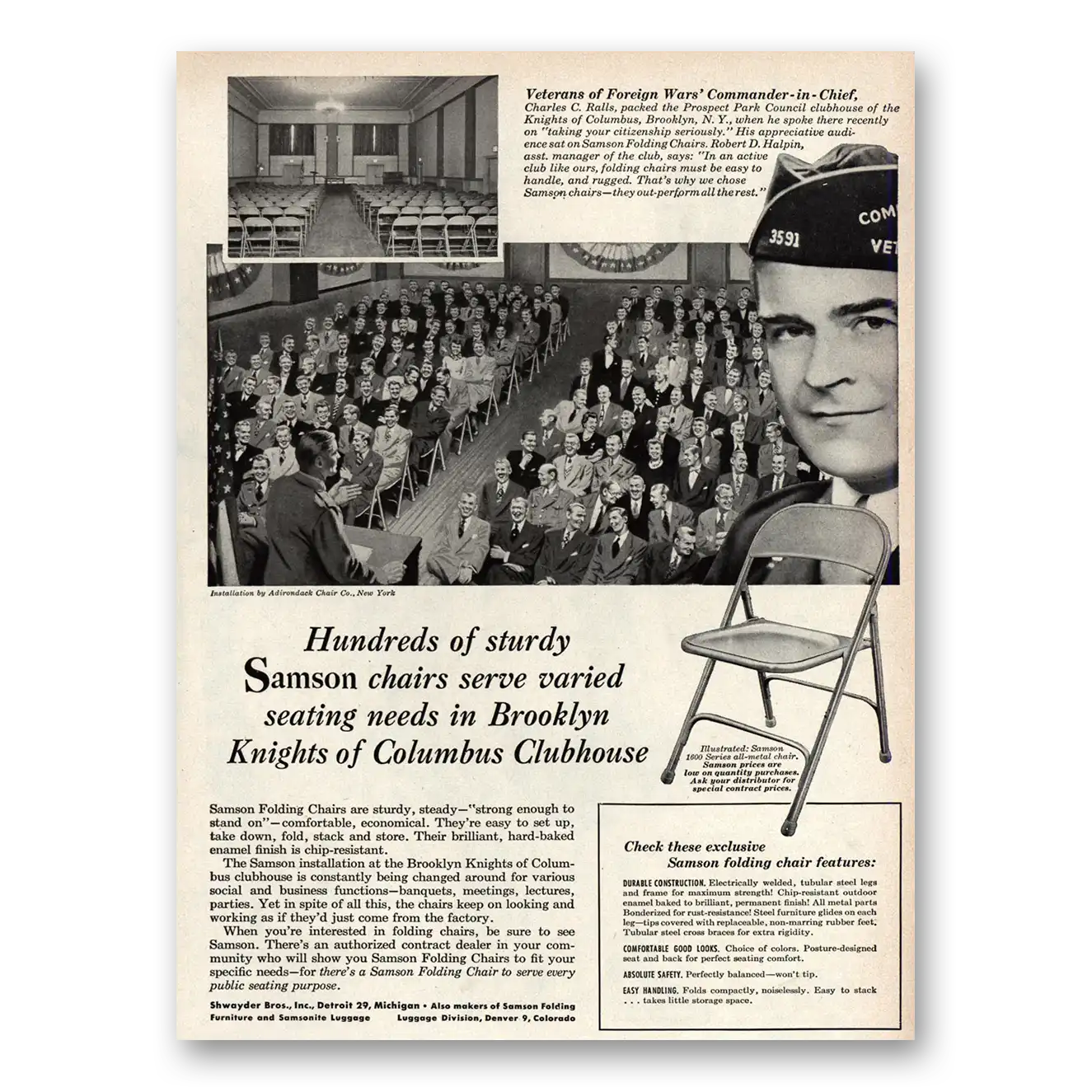 1951 Samson Chairs Brooklyn Knights of Columbus Clubhouse Vintage Magazine Print Ad