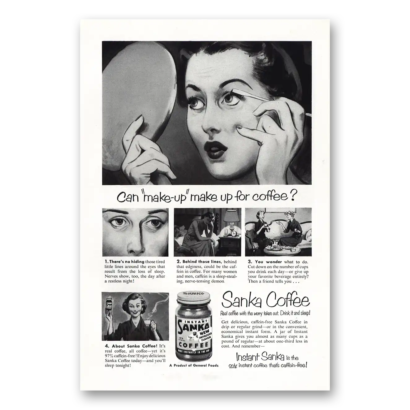 1951 Sanka Coffee Make-Up Make Up For Coffee Vintage Magazine Print Ad