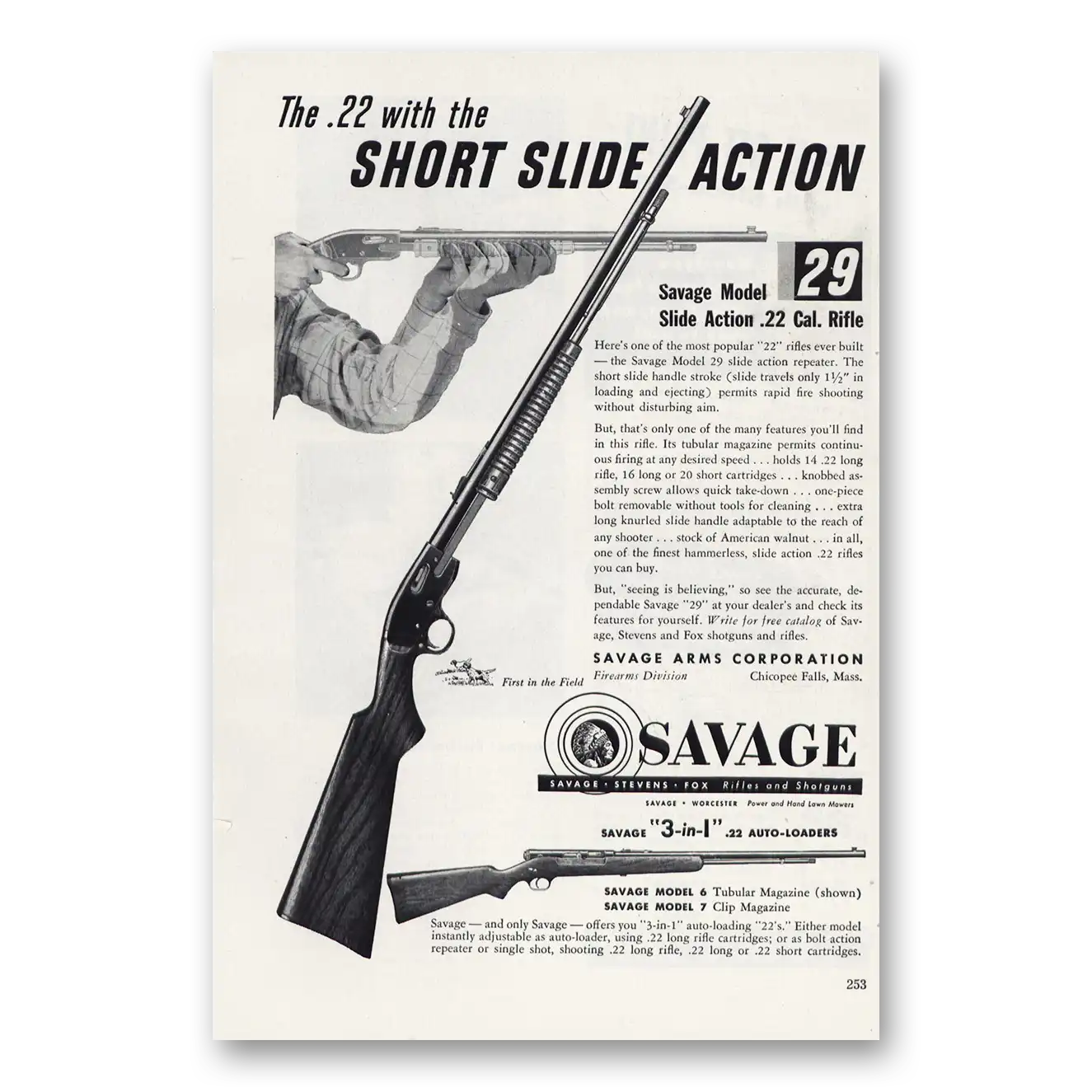 1951 Savage Arms With Short Slide Action Vintage Magazine Print Ad