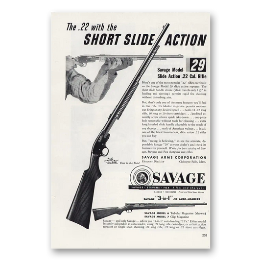 1951 Savage Arms With Short Slide Action Vintage Magazine Print Ad