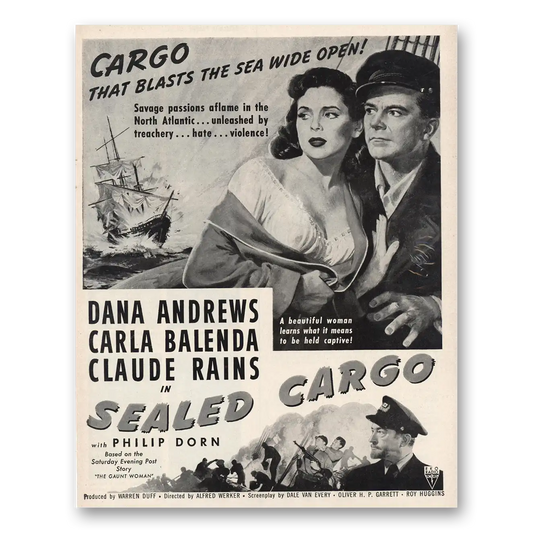 1951 Sealed Cargo Movie Promo Dana Andrews Carla Balenda and Claude Rains Vintage Magazine Print Ad