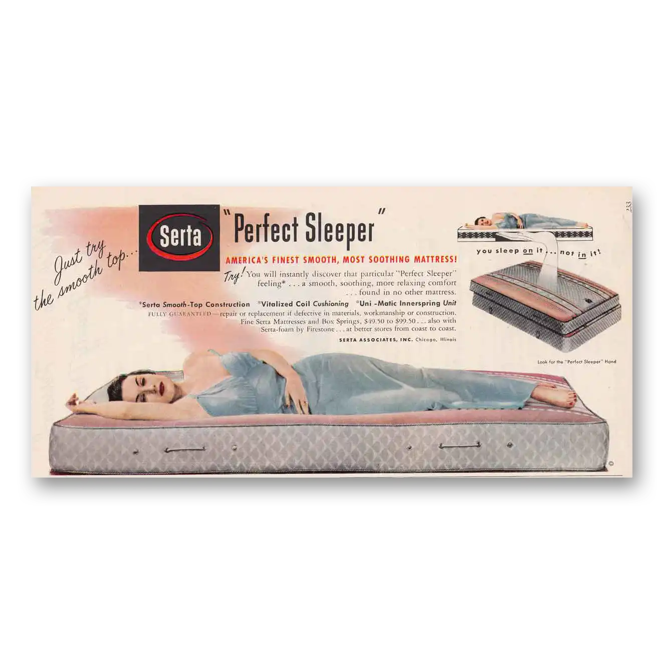 1951 Serta Mattress Perfect Sleeper Vintage Magazine Print Ad