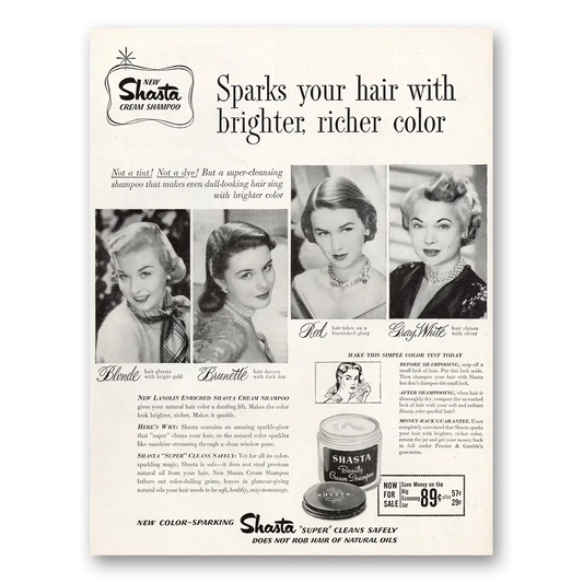 1951 Shasta Cream Shampoo Sparks Your Hair Vintage Magazine Print Ad