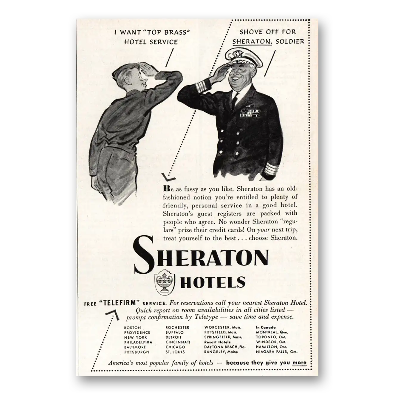 1951 Sheraton Hotels Shove Off for Sheraton Soldier Vintage Magazine Print Ad