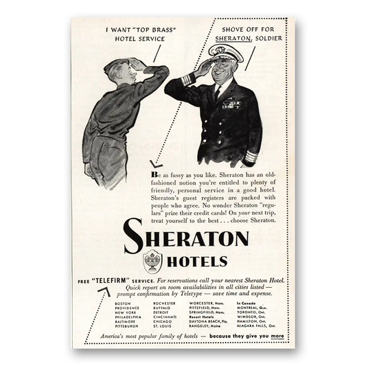 1951 Sheraton Hotels Shove Off for Sheraton Soldier Vintage Magazine Print Ad