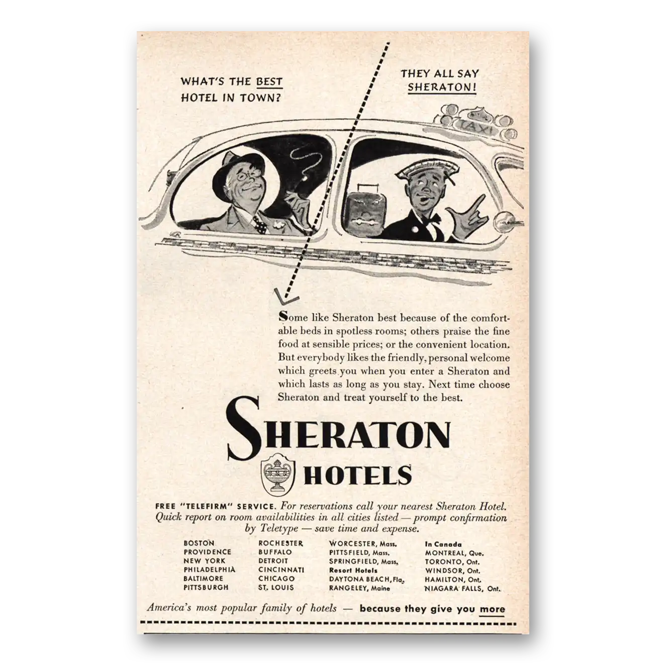 1951 Sheraton Hotels Whats the Best Hotel In Town Vintage Magazine Print Ad