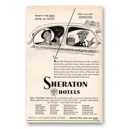 1951 Sheraton Hotels Whats the Best Hotel In Town Vintage Magazine Print Ad