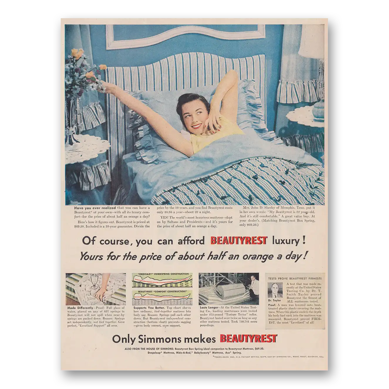 1951 Simmons Beautyrest Yours for the Price of About Half an Orange a Day Vintage Magazine Print Ad