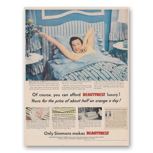 1951 Simmons Beautyrest Yours for the Price of About Half an Orange a Day Vintage Magazine Print Ad