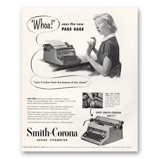 1951 Smith Corona Typewriters Whoa Says the New Page Gage Vintage Magazine Print Ad