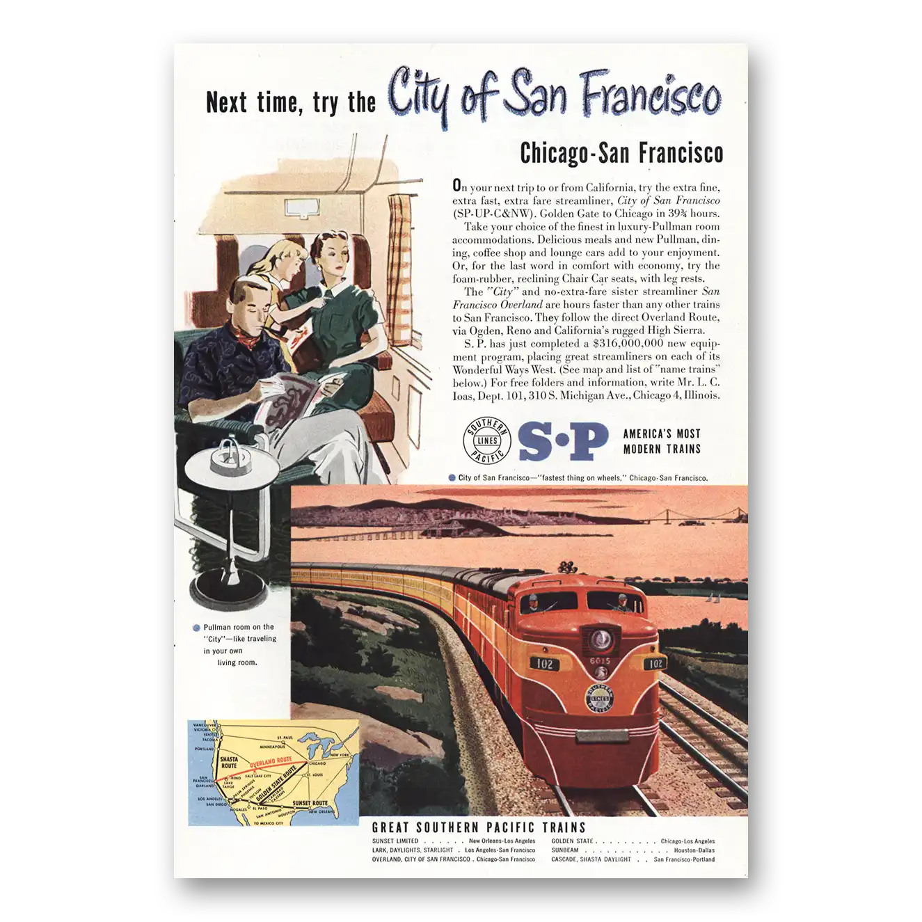 1951 Southern Pacific City of San Francisco Vintage Magazine Print Ad